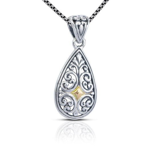 Tear drop pendant 925 sterling silver decorated with 18K yellow gold and beautiful filigree ornament