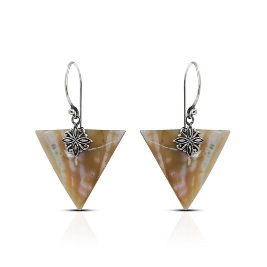 triangle earrings 925 sterling silver with natural Blister yellow shell decorated with lotus flower