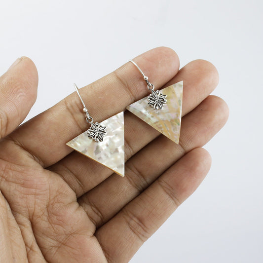 triangle earrings 925 sterling silver with natural Blister yellow shell decorated with lotus flower
