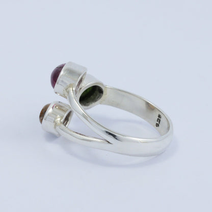 Bypass ring 925 sterling with natural multi color tourmaline bezel set
