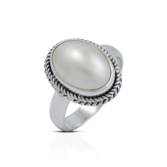 oval mabe pearl ring 925 sterling silver bezel decorated with rope cable chain