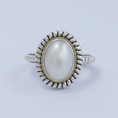 Oval pearl ring 925 sterling silver decorated with cable rope edge and 18k Yellow gold