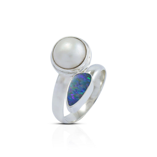 bypass ring with genuine blue opal and round white mabe pearl set in 925 sterling silver,