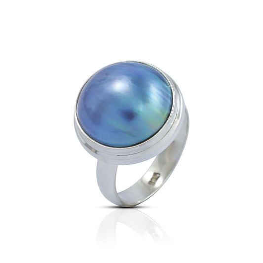 blue mabe pearl ring 925 sterling silver with double bezel set