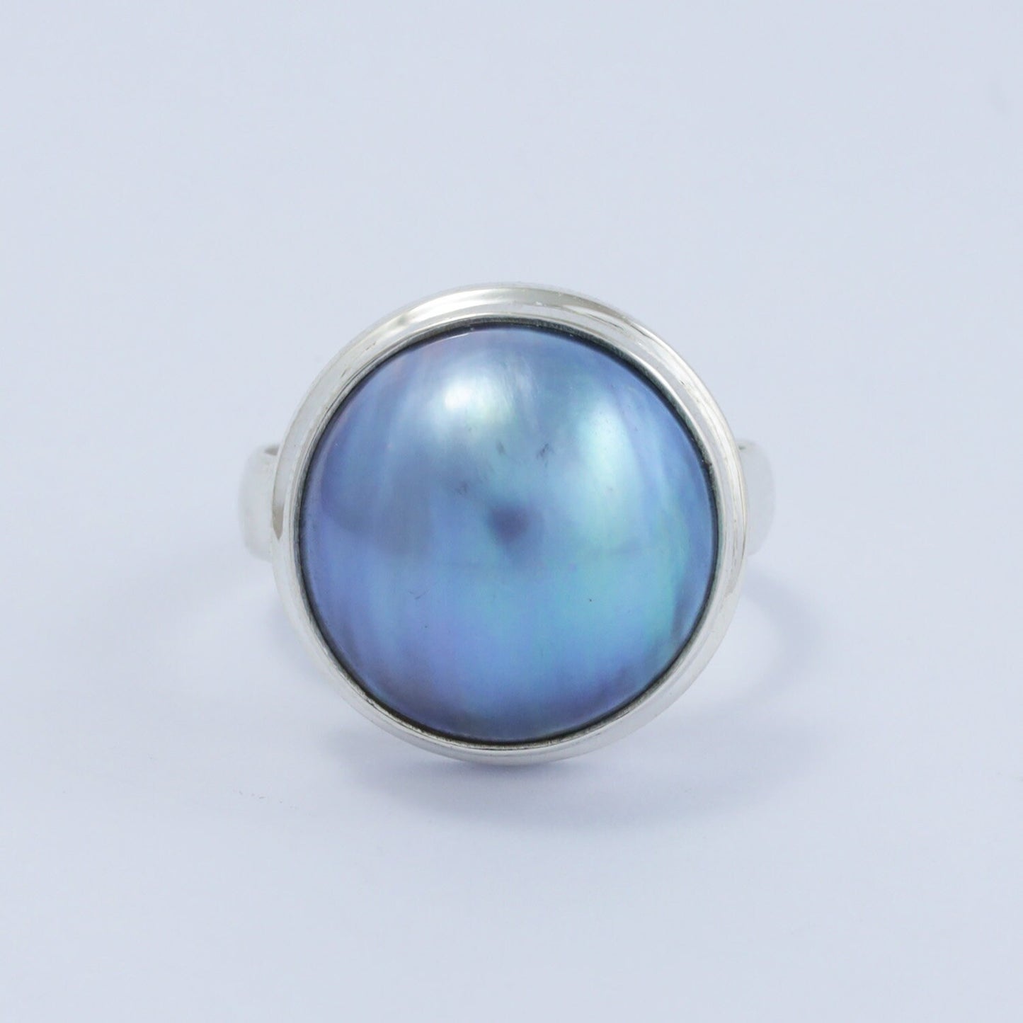 blue mabe pearl ring 925 sterling silver with double bezel set