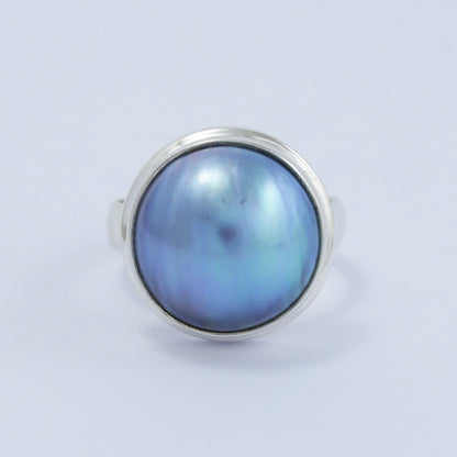 blue mabe pearl ring 925 sterling silver with double bezel set