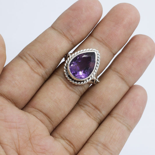 teardrop amethyst ring 925 sterling silver decorated with cable edge ornament