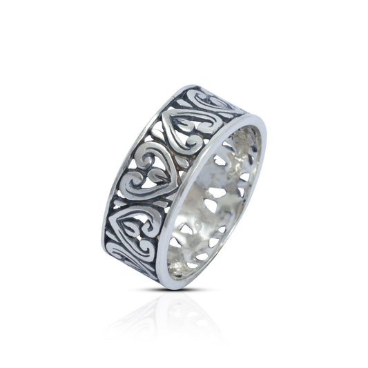 925 sterling silver wide band ring decorated with open work filigree ornament