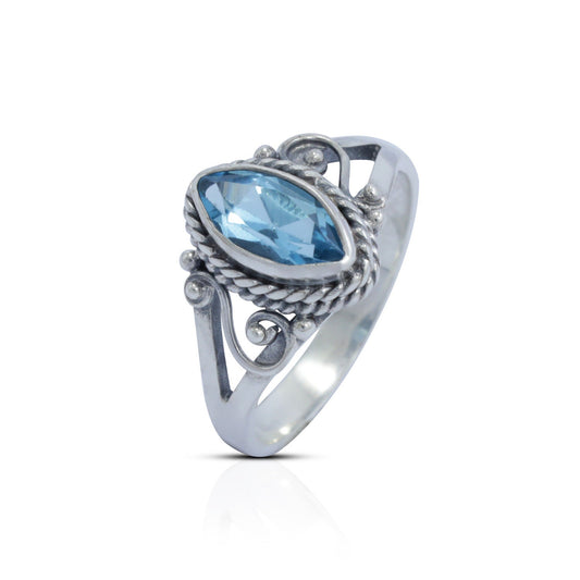 marquise ring 925 sterling silver with genuine blue topaz decorated with swirl filigree and cable ornament