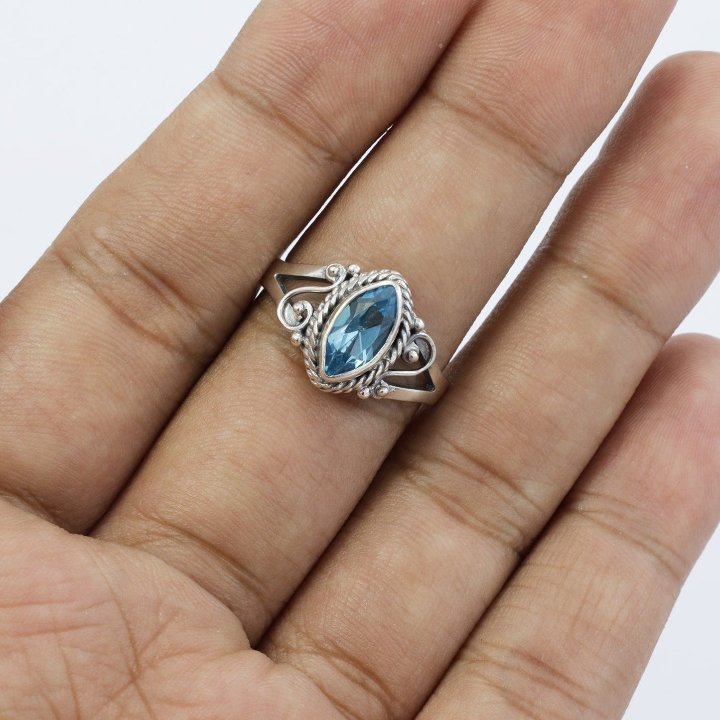 marquise ring 925 sterling silver with genuine blue topaz decorated with swirl filigree and cable ornament