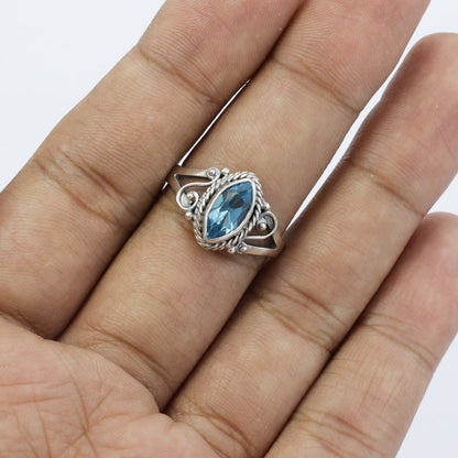 marquise ring 925 sterling silver with genuine blue topaz decorated with swirl filigree and cable ornament