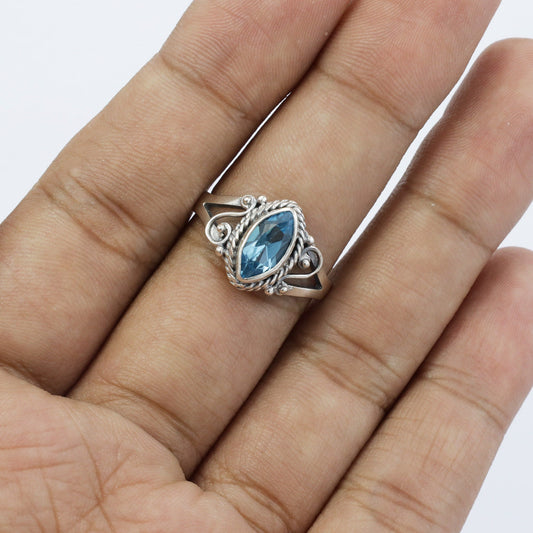 marquise ring 925 sterling silver with genuine blue topaz decorated with swirl filigree and cable ornament