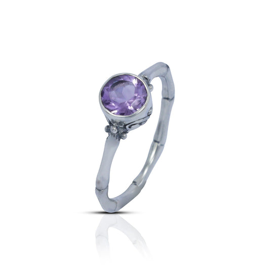 solitaire amethyst ring 925 sterling silver ring decorated with floral shank and swirl filigree ornament