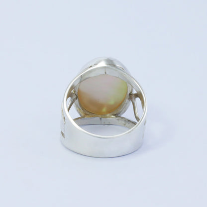 Wide oval ring 925 sterling silver with genuine oval mabe pearl decorated with split shank handmade