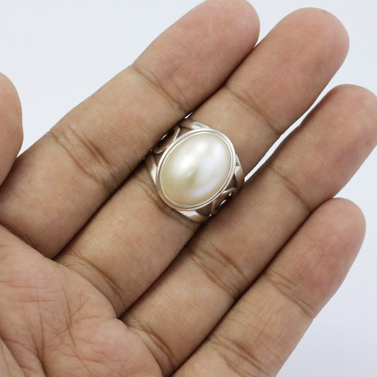 Wide oval ring 925 sterling silver with genuine oval mabe pearl decorated with split shank handmade
