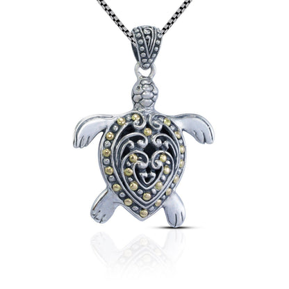 Turtle pendant necklace  925 sterling silver and 18K yellow gold decorated with swirl filigree ornament