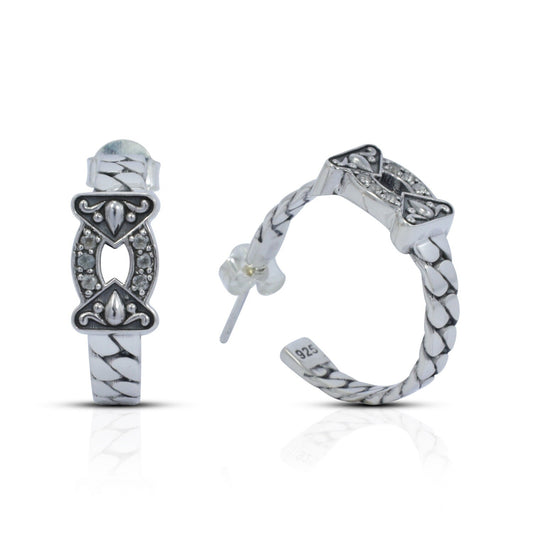 hoop earrings 925 sterling silver decorated with ornament art and white crystal stone