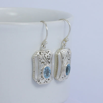 square earrings 925 sterling silver decorated with genuine blue topaz and open work filigree ornament