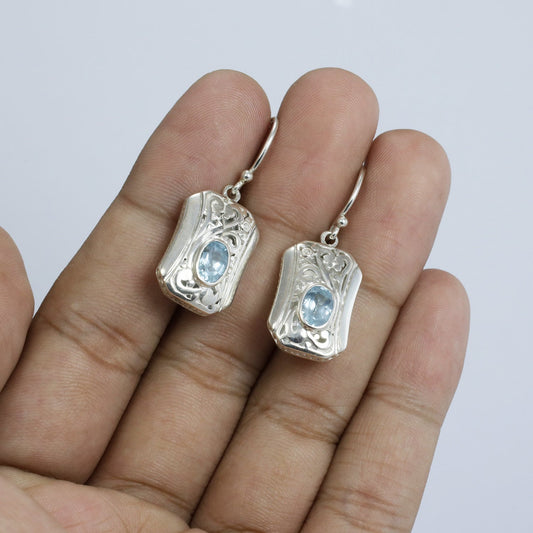 square earrings 925 sterling silver decorated with genuine blue topaz and open work filigree ornament