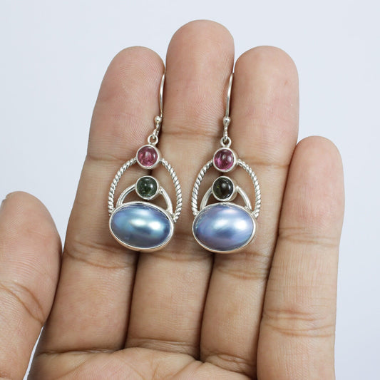 oval blue pearl earrings 925 sterling silver with genuine tourmaline