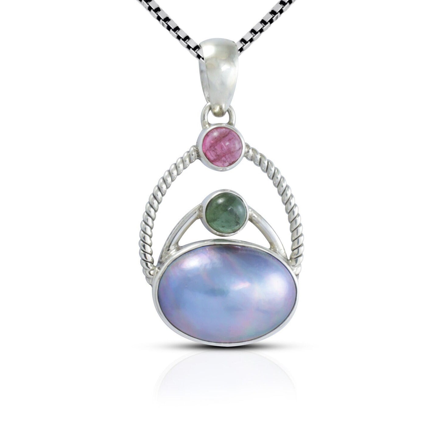blue mabe pearl pendant necklace decorated with genuine tourmaline set in 925 sterling silver