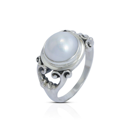 Handmade bezel set ring design 925 sterling silver with 12 mm genuine cultured white round mabe pearl decorated with swirl filigree shank