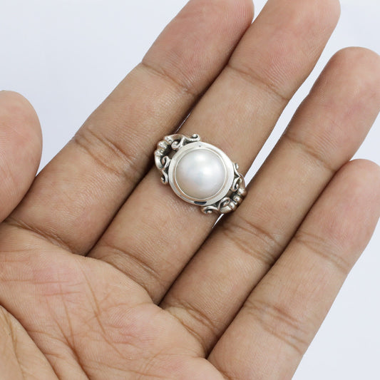 Handmade bezel set ring design 925 sterling silver with 12 mm genuine cultured white round mabe pearl decorated with swirl filigree shank