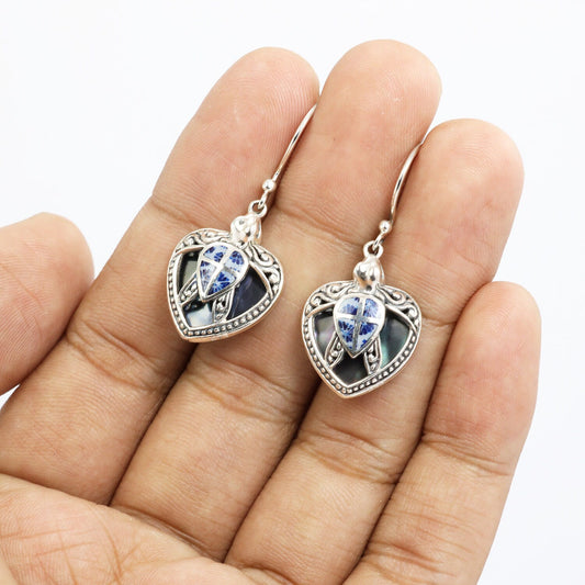 blue turtle earrings 925 sterling silver with genuine blue coral and black shell decorated with ornament art