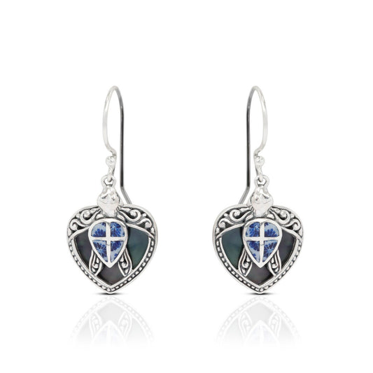 blue turtle earrings 925 sterling silver with genuine blue coral and black shell decorated with ornament art