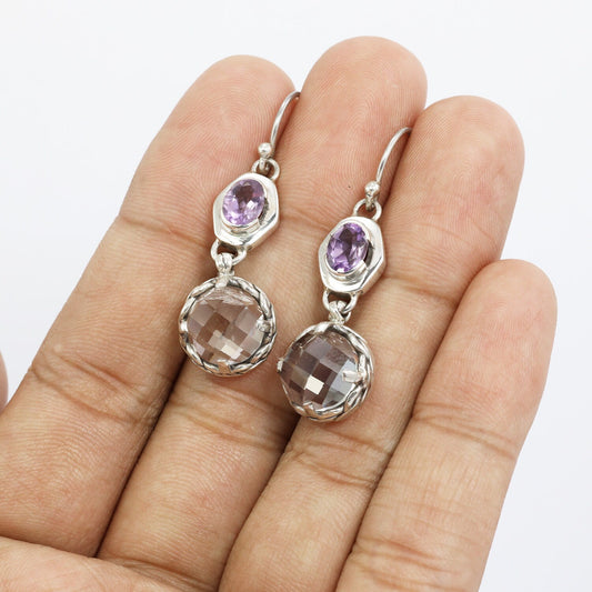 two stone earrings dangle 925 sterling silver with genuine amethyst and crystal clear decorated with woven ornament