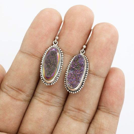 long oval earrings 925 sterling silver with genuine sparkling druzy agate decorated with dot edge ornament