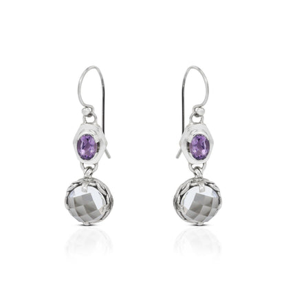 two stone earrings dangle 925 sterling silver with genuine amethyst and crystal clear decorated with woven ornament