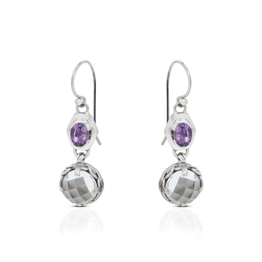 two stone earrings dangle 925 sterling silver with genuine amethyst and crystal clear decorated with woven ornament