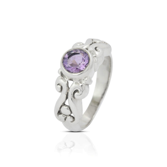 genuine amethyst ring 925 sterling silver decorated with swirl ornament