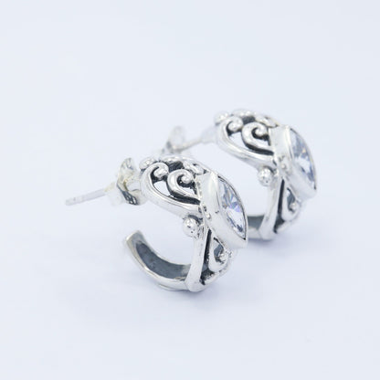 huggie earrings stud 925 sterling silver with white zirconia decorated with swirl filigree