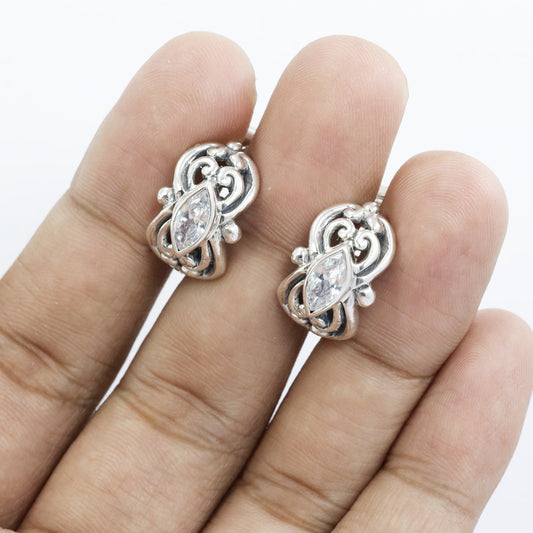 huggie earrings stud 925 sterling silver with white zirconia decorated with swirl filigree
