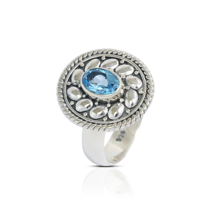 Swiss blue topaz ring 925 sterling silver decorated with Bali legacy ornament