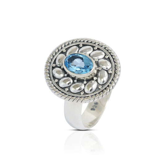 Swiss blue topaz ring 925 sterling silver decorated with Bali legacy ornament