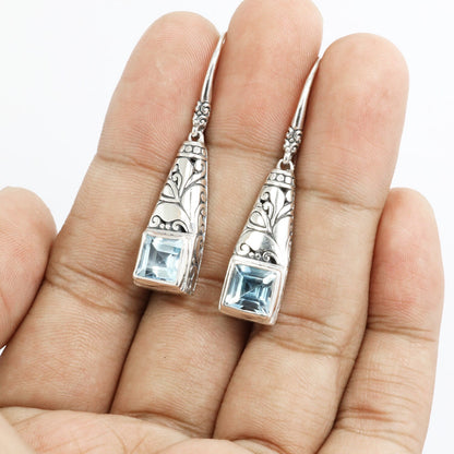 drop earrings 925 sterling silver with genuine square blue topaz decorated with Bali legacy ornament
