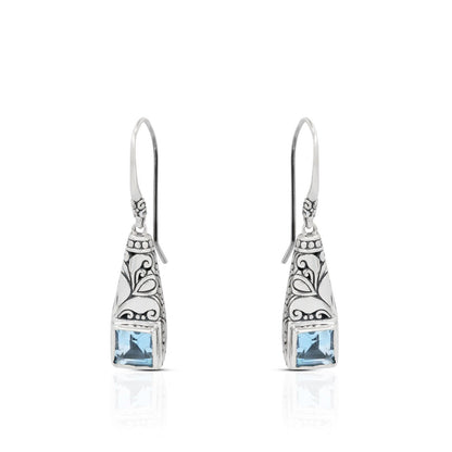 drop earrings 925 sterling silver with genuine square blue topaz decorated with Bali legacy ornament