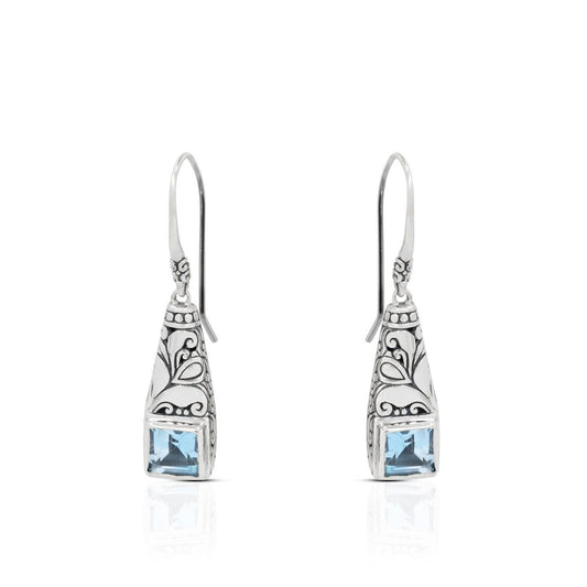 drop earrings 925 sterling silver with genuine square blue topaz decorated with Bali legacy ornament