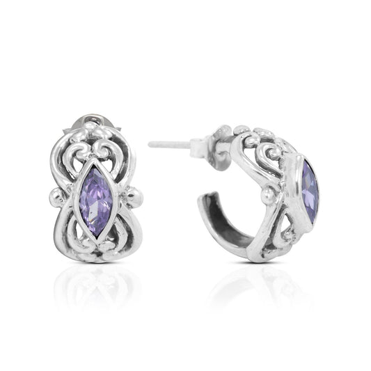 925 sterling silver huggie earrings hoop with genuine amethyst zirconia and swirl filigree ornament
