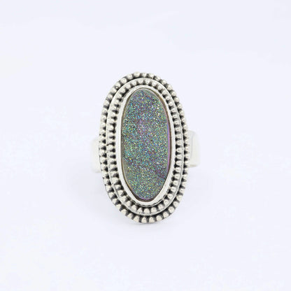 long oval ring 925 sterling silver with genuine sparkling druzy agate