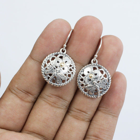 flower earrings 925 sterling silver with 18K yellow gold and dragonfly ornament art