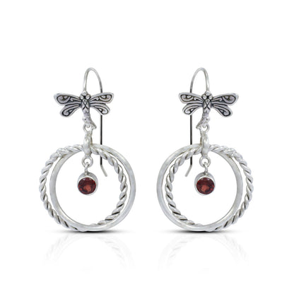 circle earrings 925 sterling silver with genuine garnet and dragonfly hoop