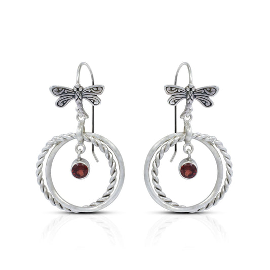 circle earrings 925 sterling silver with genuine garnet and dragonfly hoop