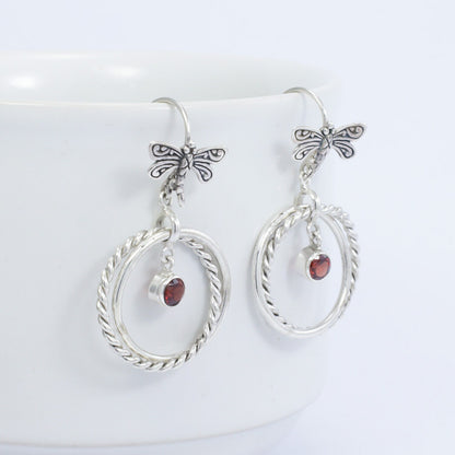 circle earrings 925 sterling silver with genuine garnet and dragonfly hoop