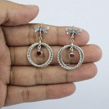circle earrings 925 sterling silver with genuine garnet and dragonfly hoop