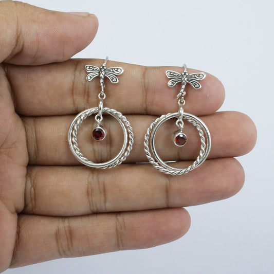circle earrings 925 sterling silver with genuine garnet and dragonfly hoop