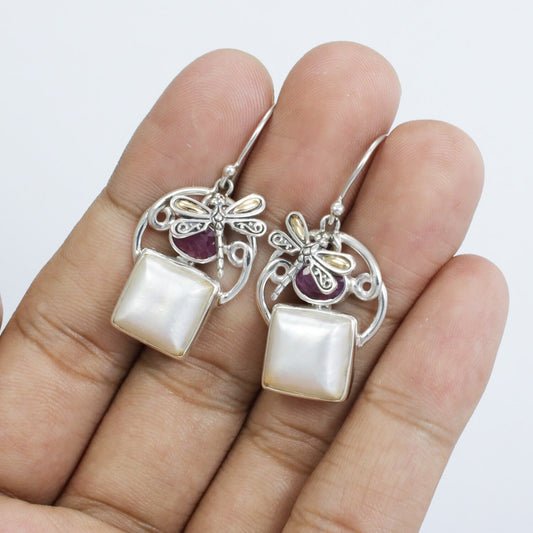 ruby earrings 925 sterling silver with genuine square mabe pearl and decorated with 18K yellow gold dragonfly ornament